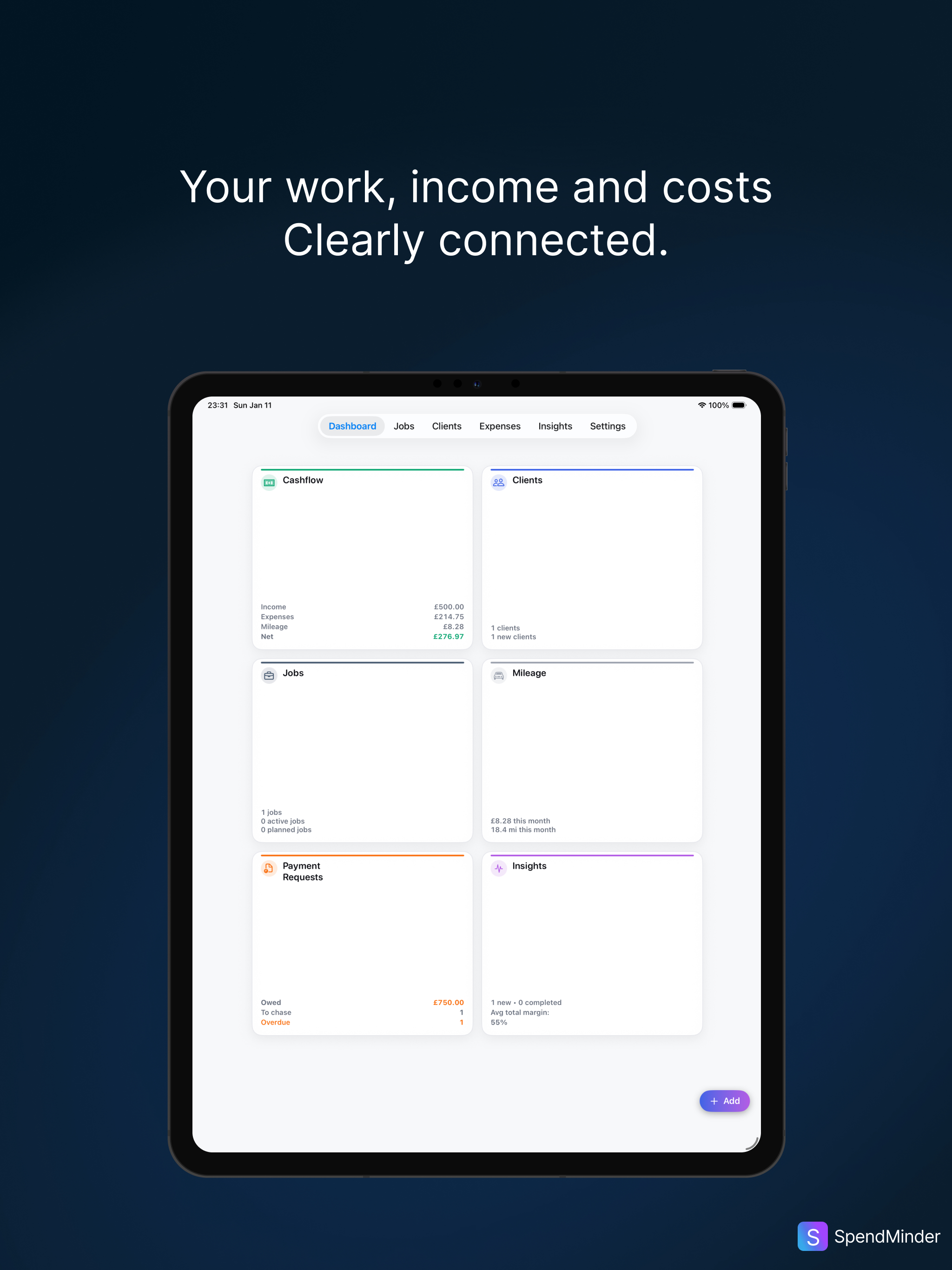 WorkMinder on iPad showing jobs, clients, costs, and outstanding payments
