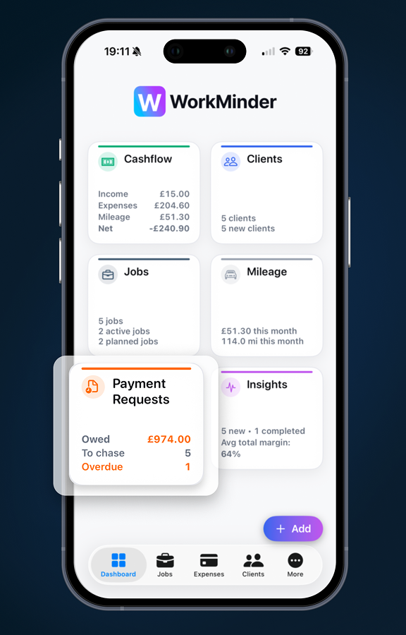 WorkMinder app showing money owed and payment tracking